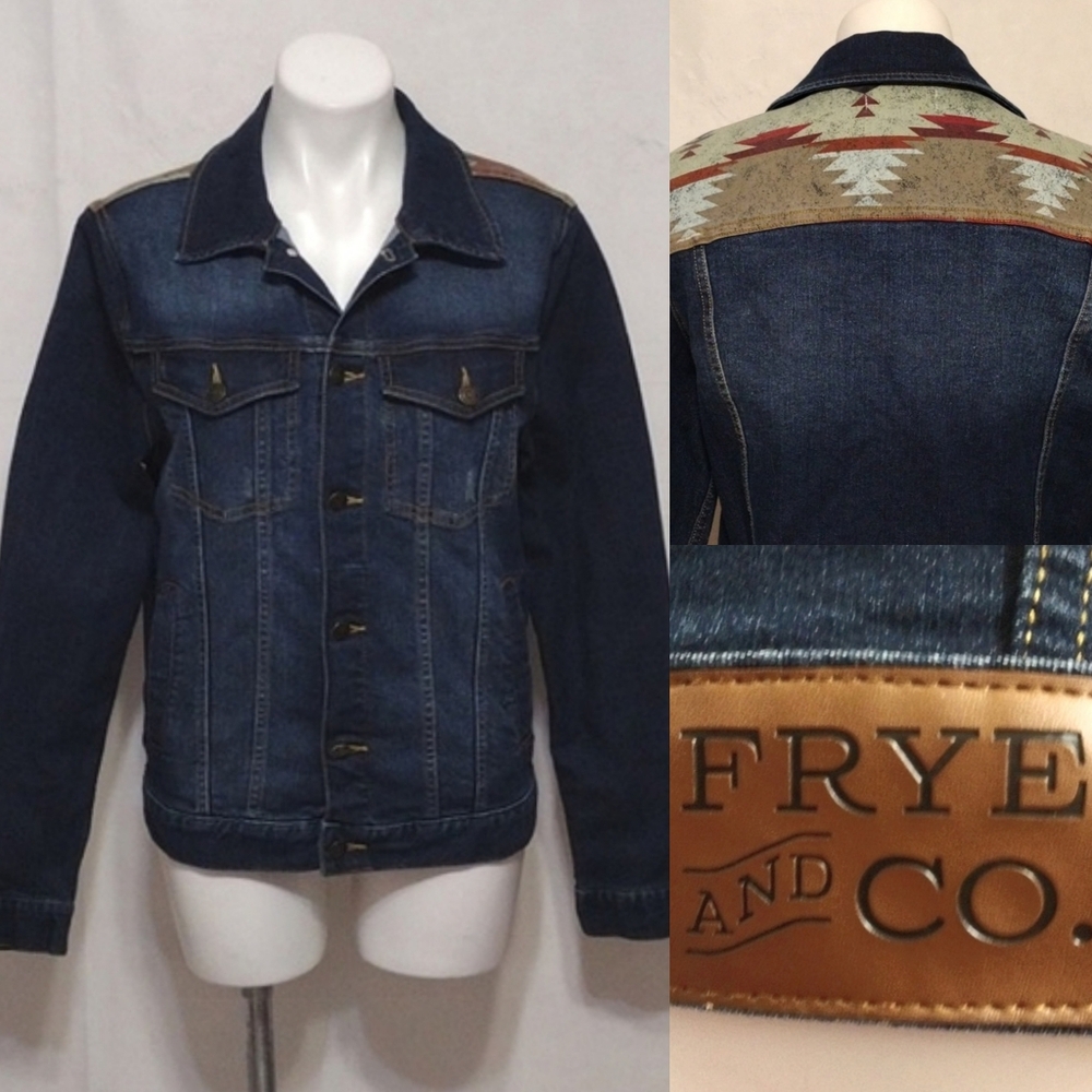 Frye & Co Aztec Print Denim Trucker Jacket Men’s Western Cowboy Festival Small